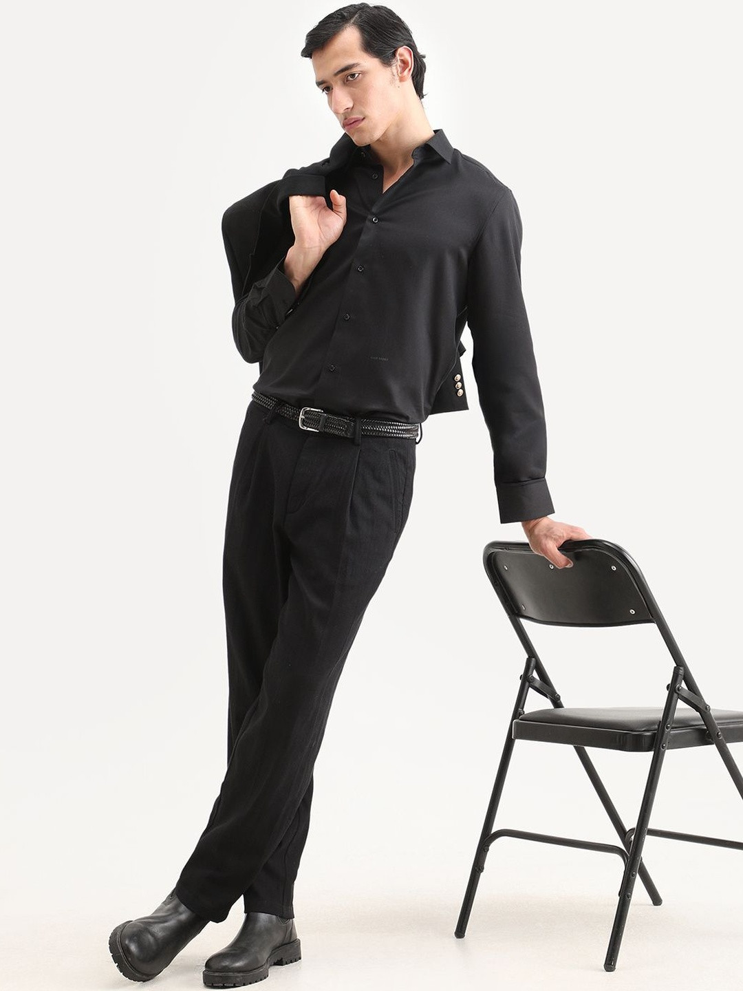 RARE RABBIT Men Black Relaxed Fit Plain Trouser