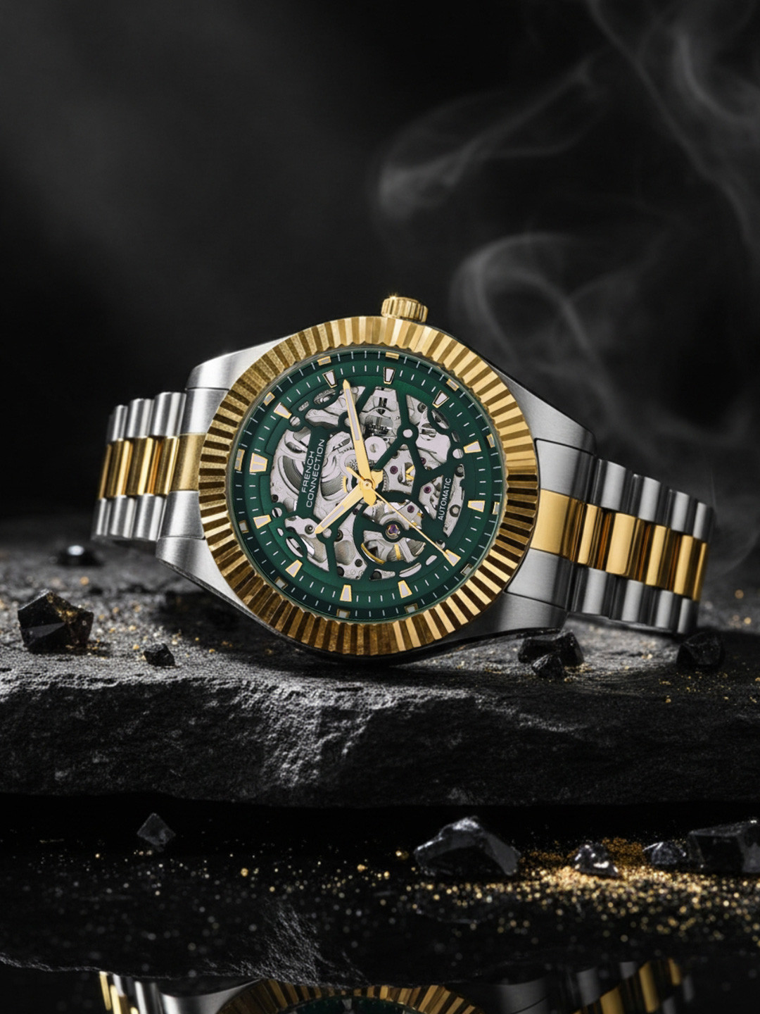 French Connection Men Skeleton Dial & Stainless Steel Bracelet Style Straps Analogue Automatic Motion Watch