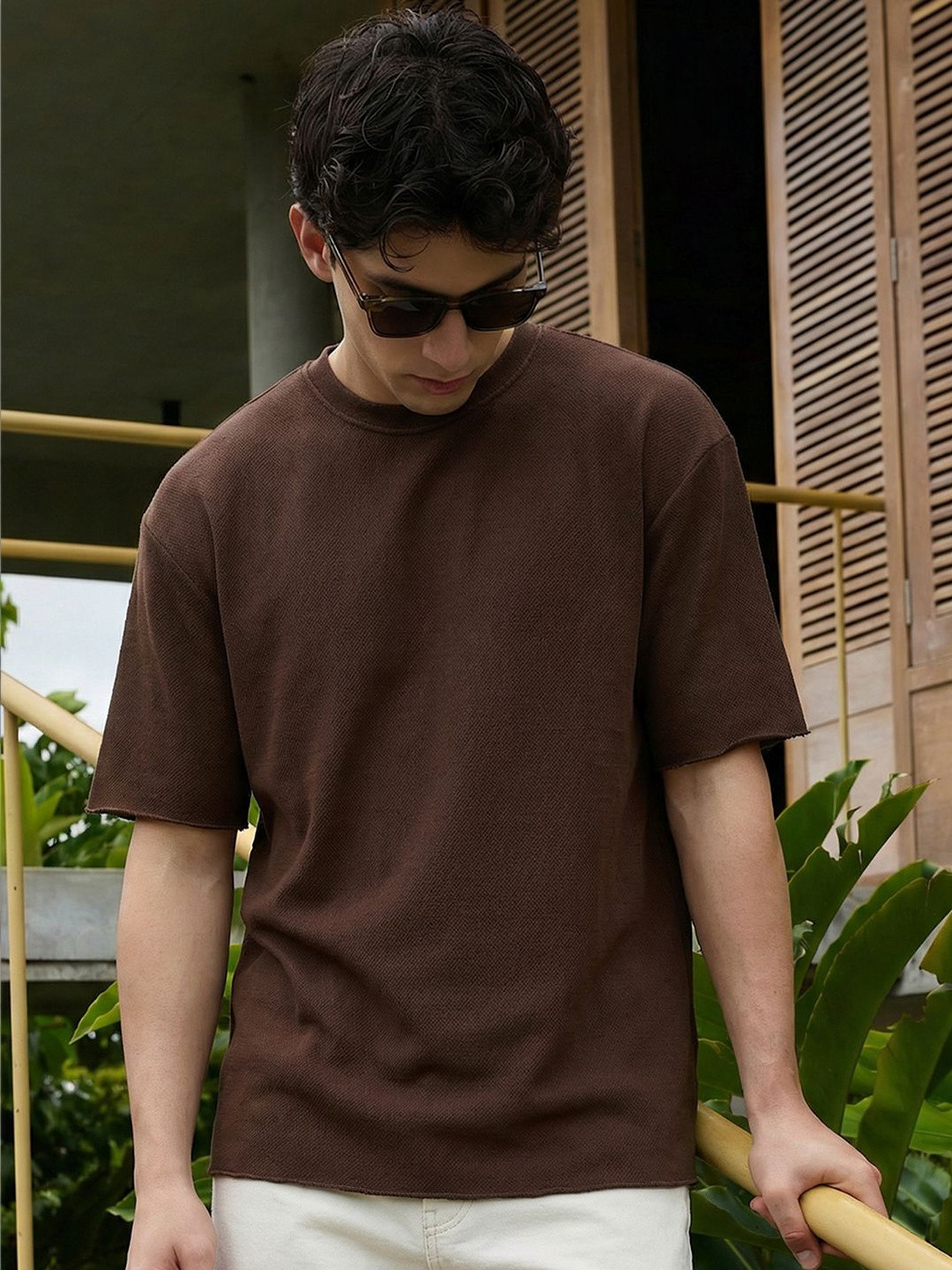 Men's Brown Textured Oversized T-shirt