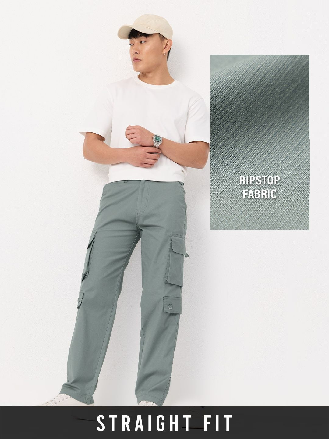 The Souled Store Men Straight Fit Solid Green Cargo Pants