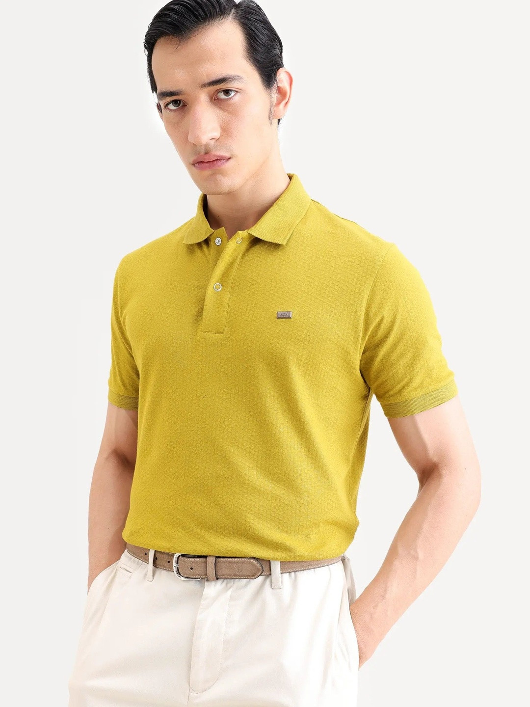 RARE RABBIT Men Plain Spread Collar Half Sleeve Cotton Regular Fit Polo T-Shirt