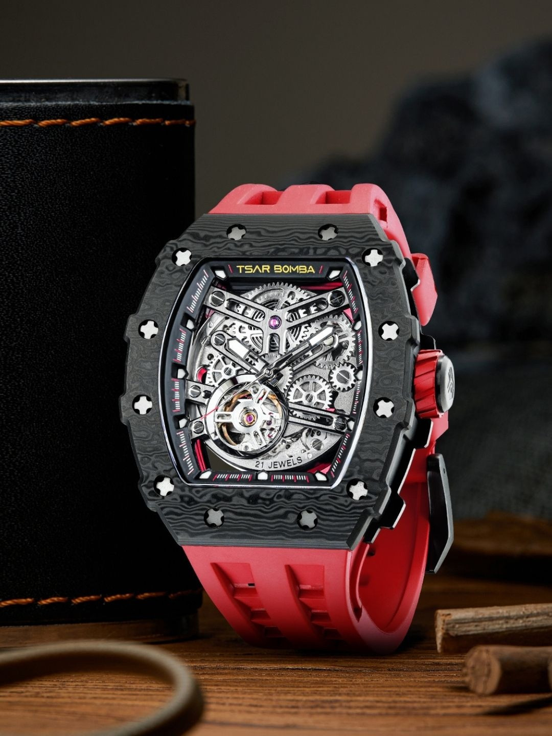 Tsar Bomba Elemental Men Luxury Automatic Skeleton Rectangular Dial Watch-TB8208CF-39