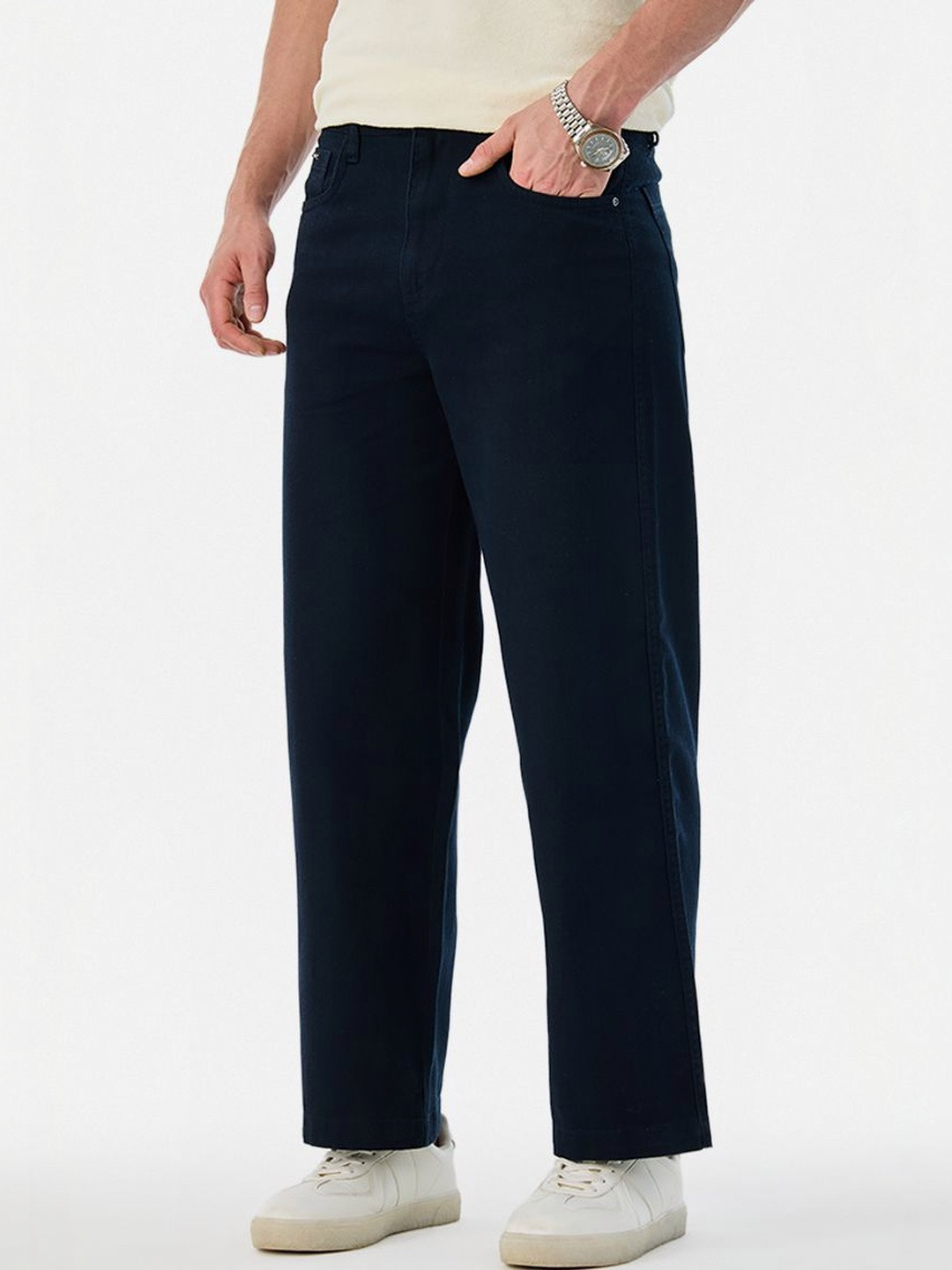 Snitch Navy Blue Mid-Rise Regular Fit Trouser