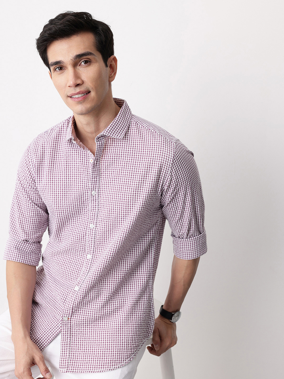 Mast & Harbour Checked Seersucker Pure Cotton Casual Shirt