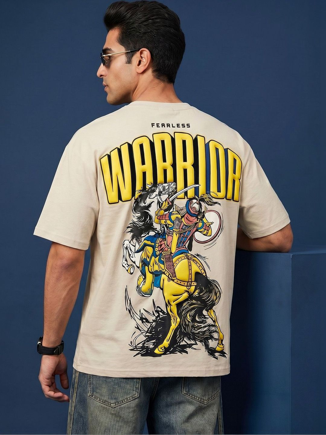 VEIRDO Men Printed Pure Cotton Applique T-shirt