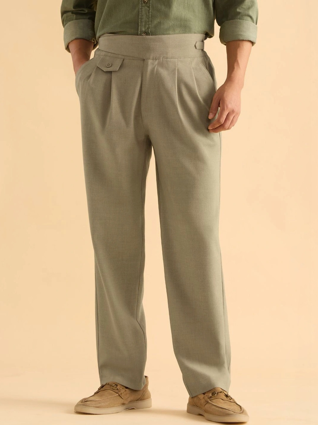 The Souled Store Mens Light Olive Straight Fit Super Flex Gurkha Pant