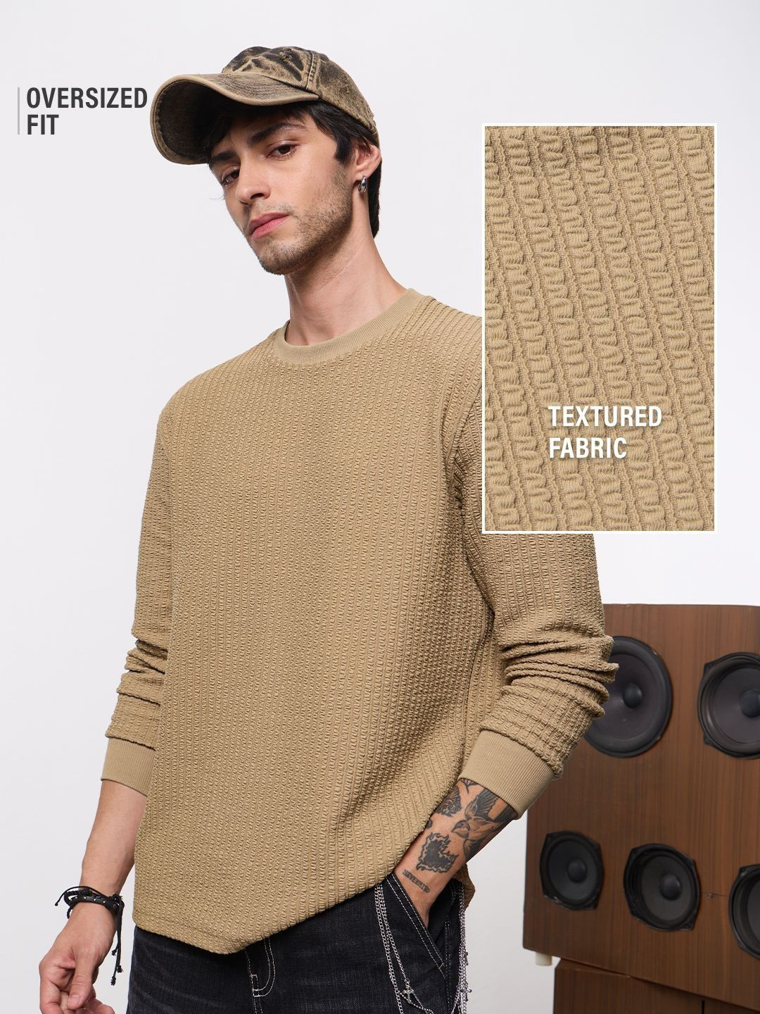 The Souled Store Mens Textured Beige Oversized Full Sleeve T-Shirts