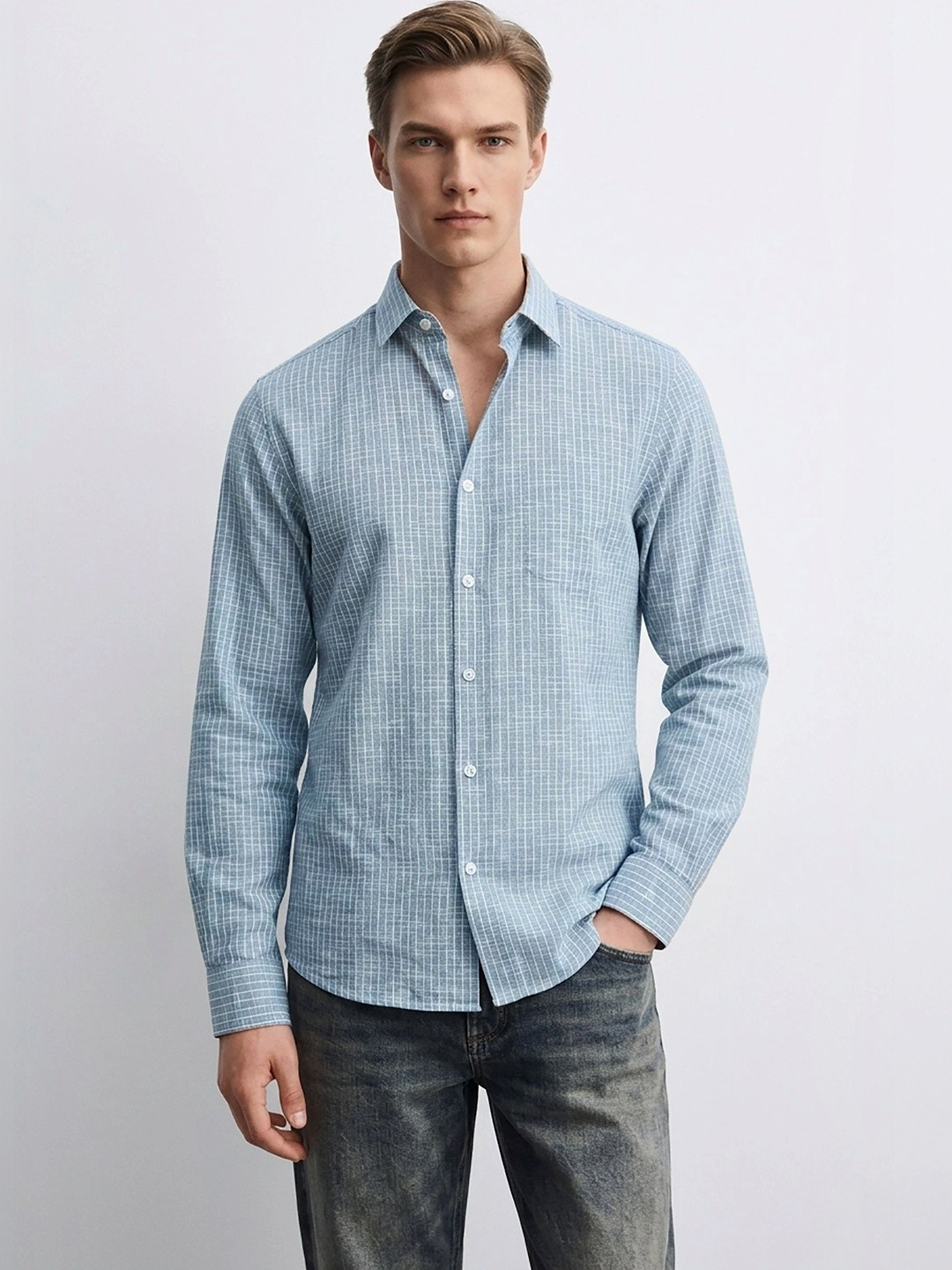 MISCHIEF MONKEY Men Classic Windowpane Checks Checked Casual Shirt