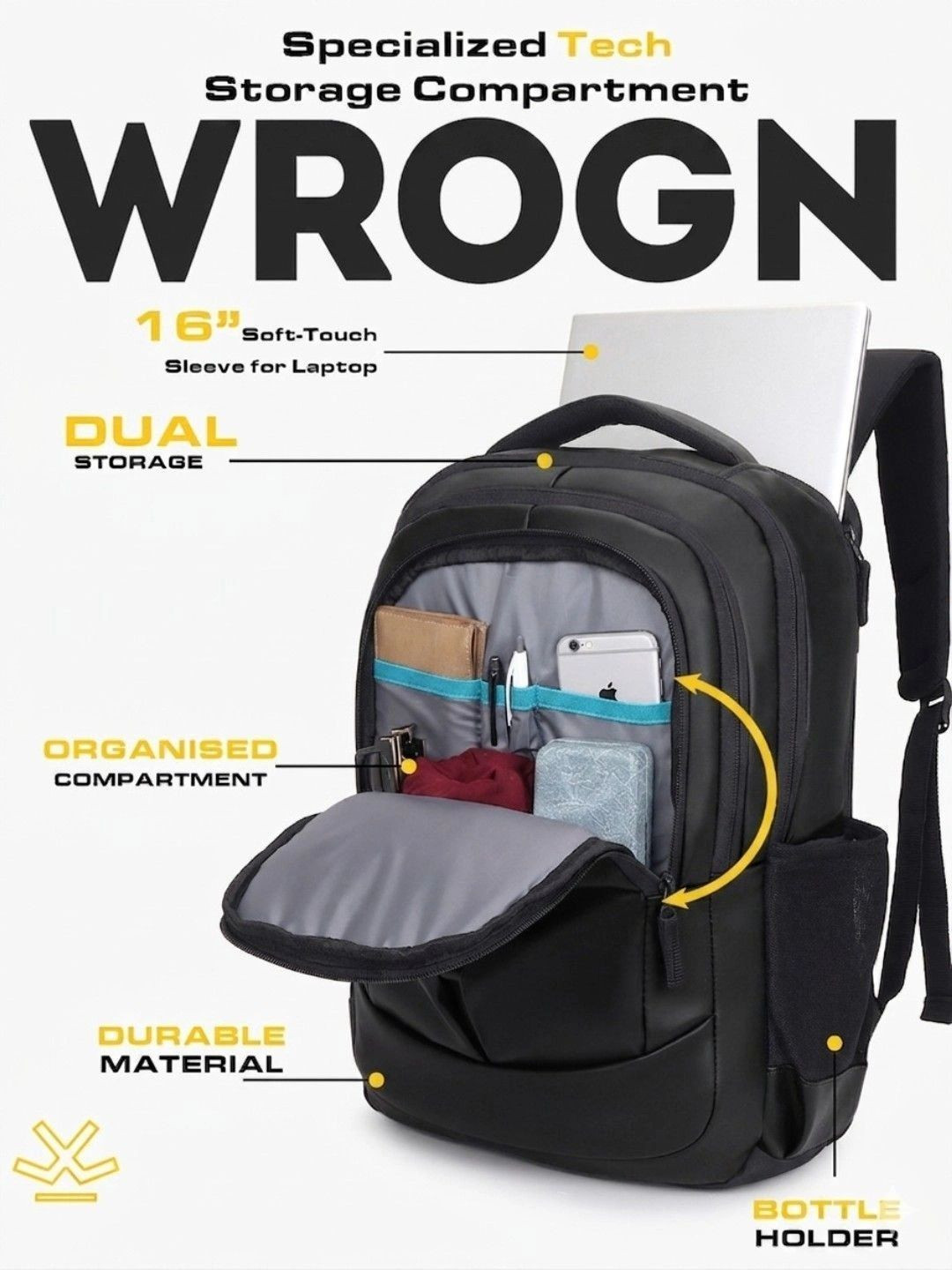 WROGN Vegan Leather Laptop Backpack for Office,College & Travel with Trolley Strap|Black - Image 4