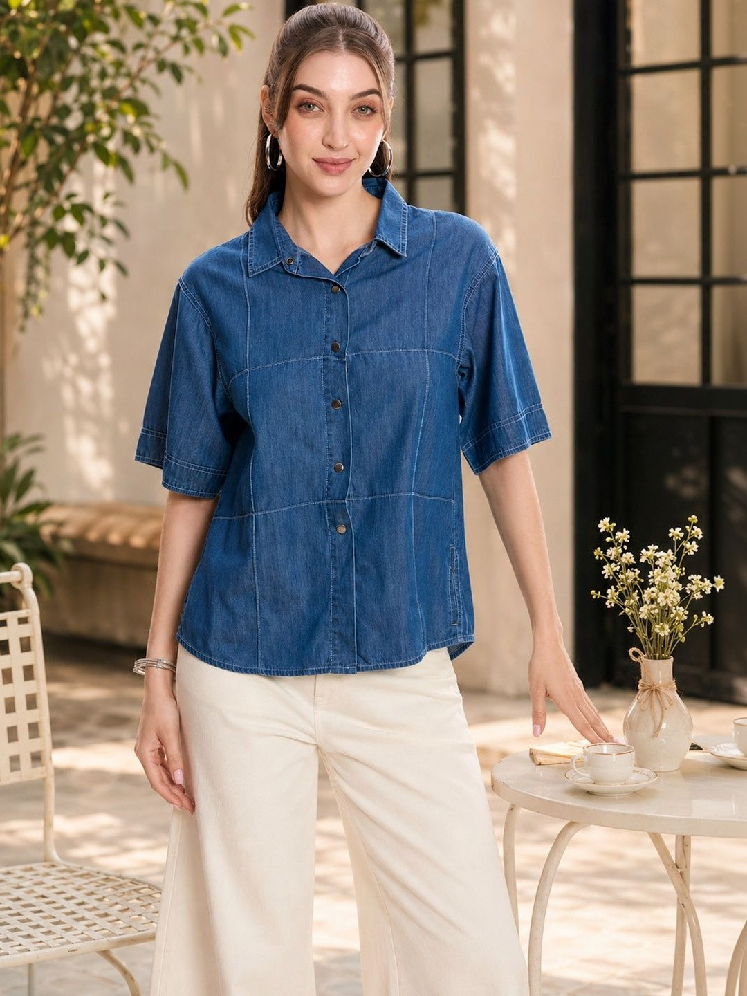 Virgio Women Solid Cotton Denim Button-Down Collar Short Sleeves Shirts