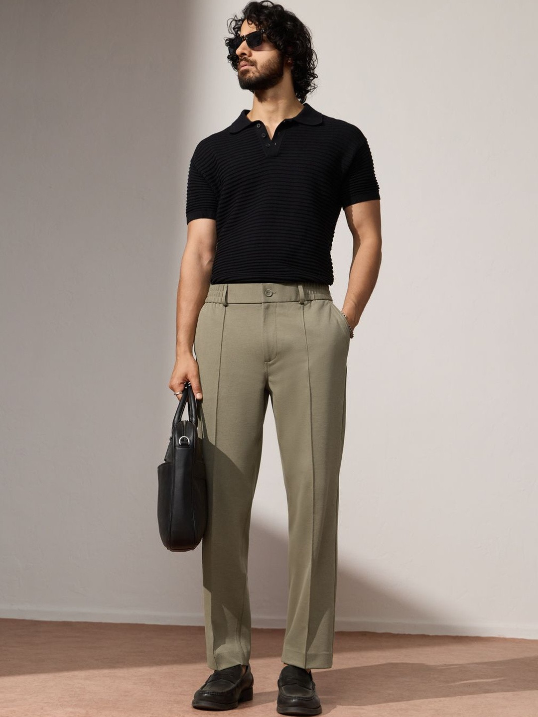 The Souled Store Mens Khaki Brown Straight-Fit Knit Pant