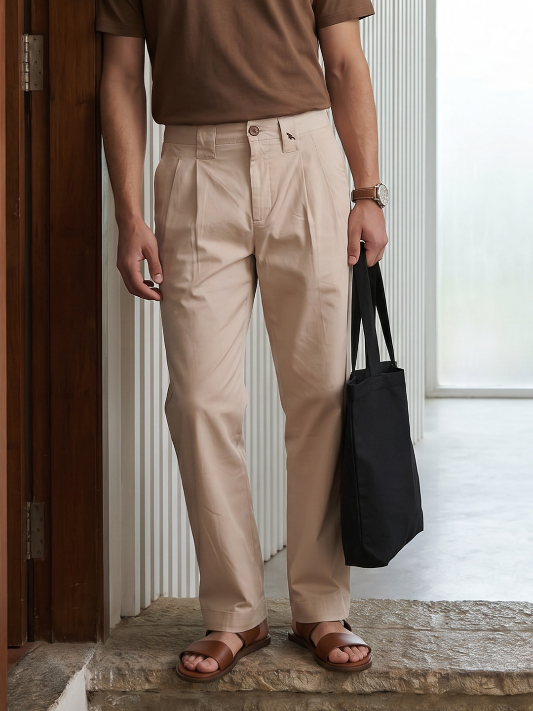 Mr Bowerbird Men Relaxed Fit Pleated Chinos Trousers