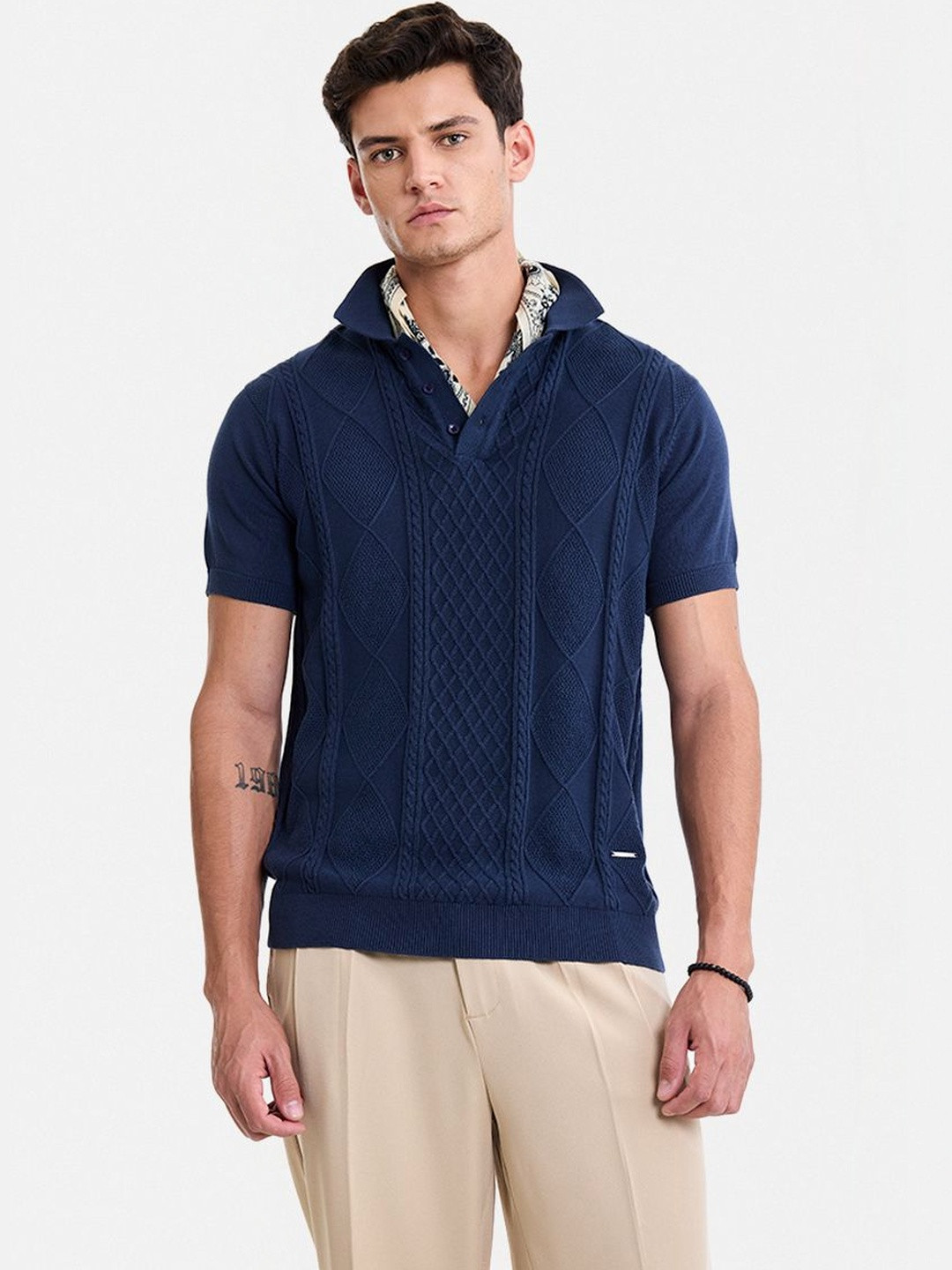 Snitch Navy Blue Cable-knit T-Shirt