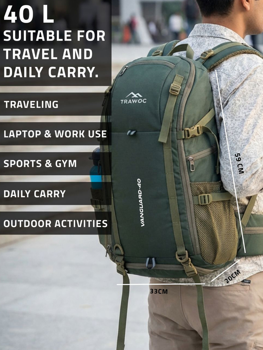 TRAWOC VANGUARD Solid 40L Travel Backpack with Shoe Compartment & - Image 2