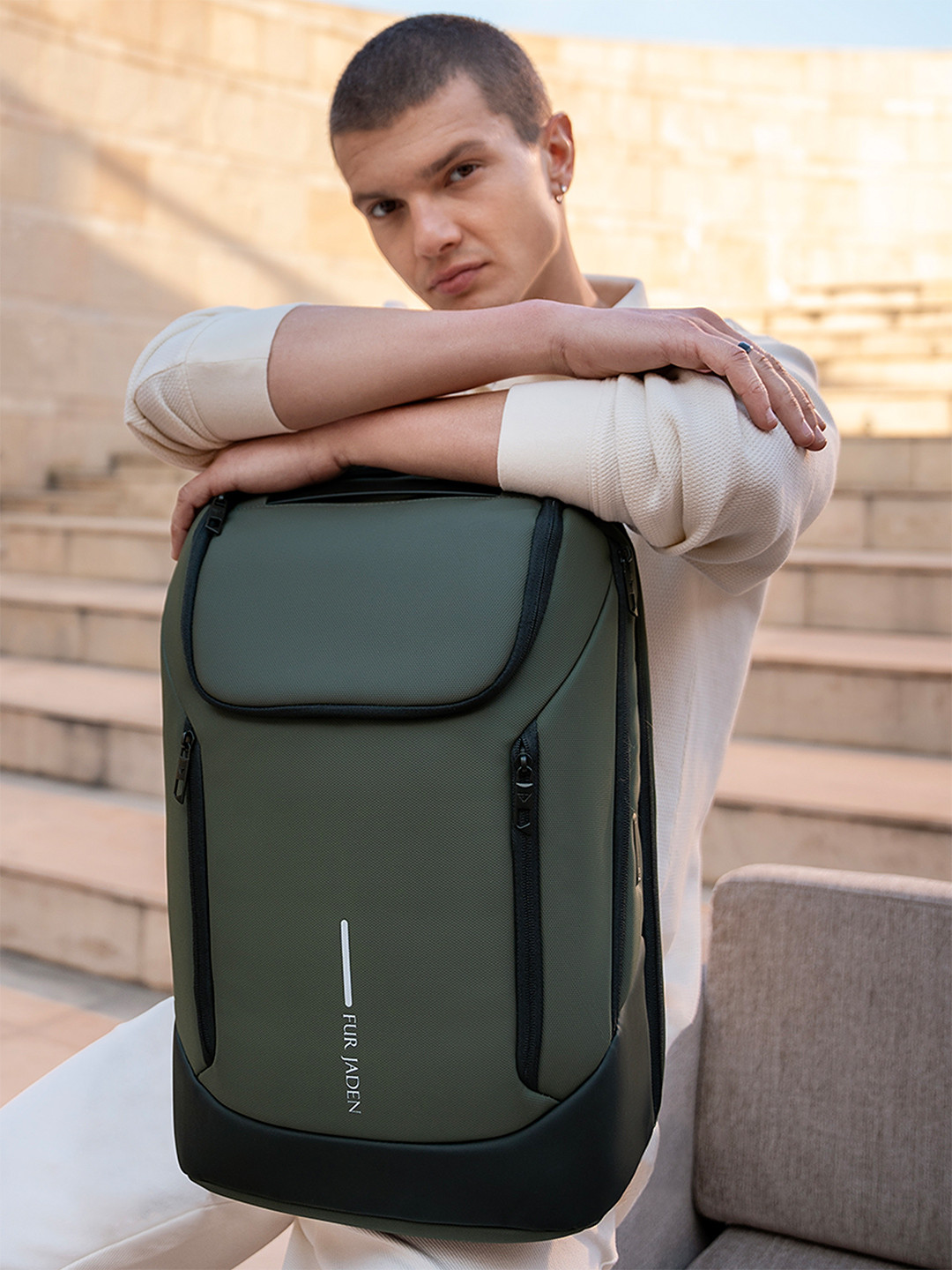 FUR JADEN Unisex Green Brand Logo Laptop Backpack with USB Charging Port - 18L