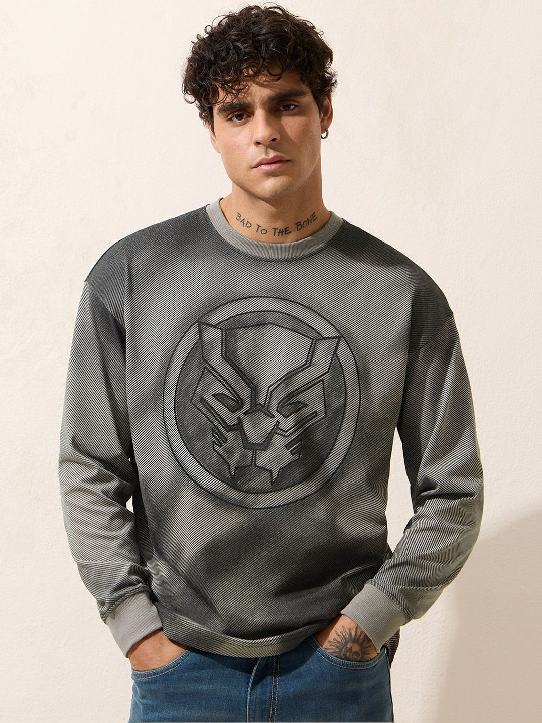 The Souled Store Men Oversized Fit Black Panther Printed Grey T-Shirts