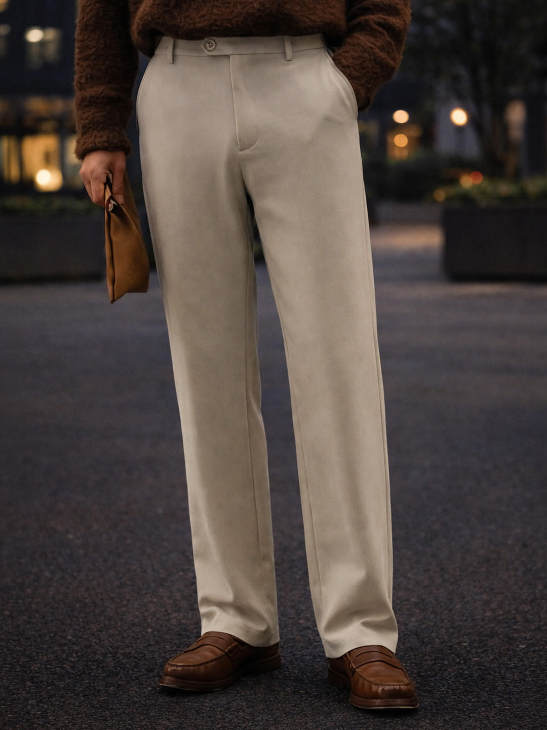 The Souled Store Men Straight Fit Solid Beige Flex Trousers