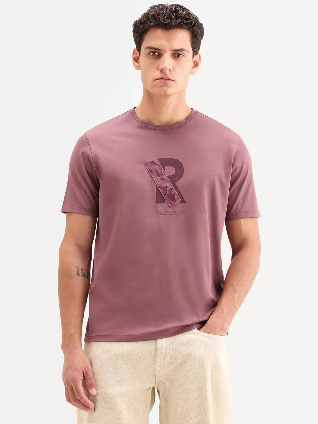 RARE RABBIT Apli Embroidered Typography Cotton Round Neck Short Sleeves T-shirt