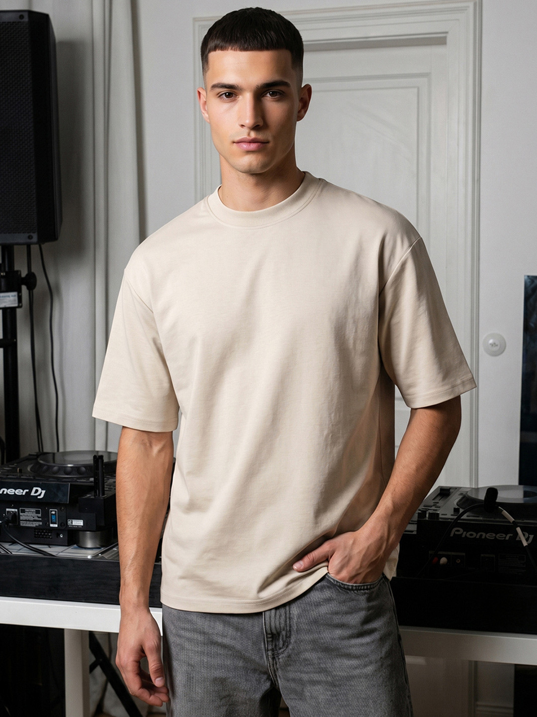 Bewakoof Men's Oyster Gray Oversized Interlock Cotton T-shirt