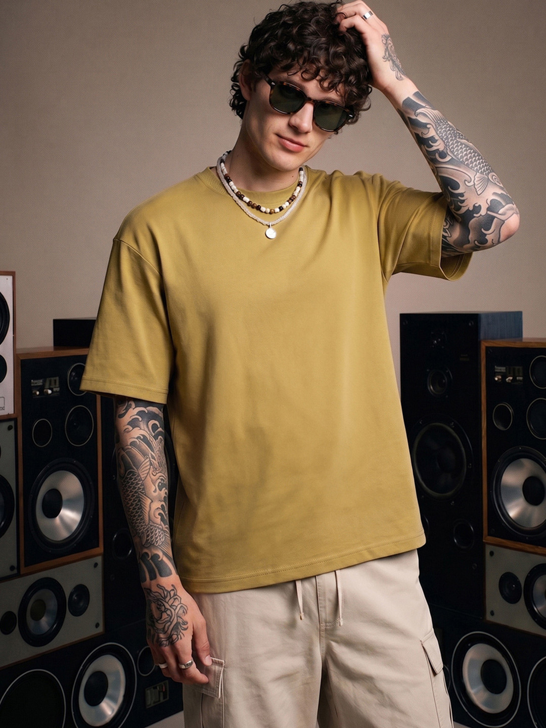 Bewakoof Men's Mustard Yellow Oversized Interlock Cotton T-shirt