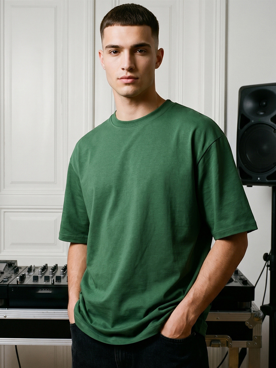Bewakoof Men's Eden Green Oversized Interlock Cotton T-shirt