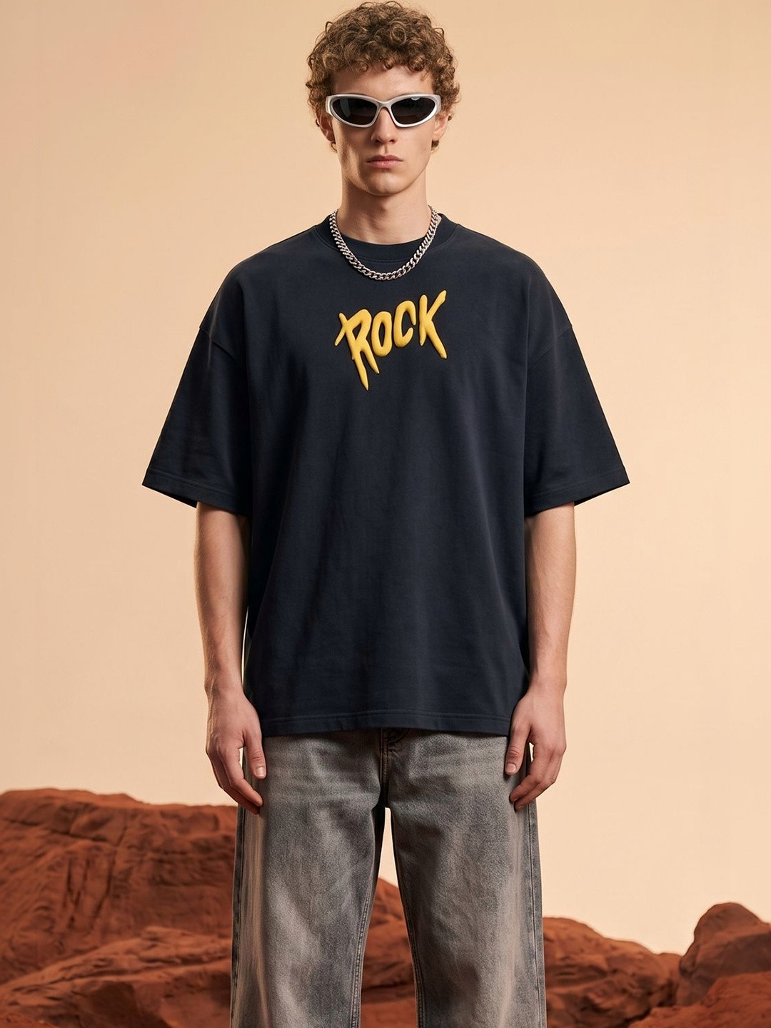 VEIRDO Men Biker Raw Edge Black Graphic Puff Printed Pure Cotton Oversized Fit T-shirt