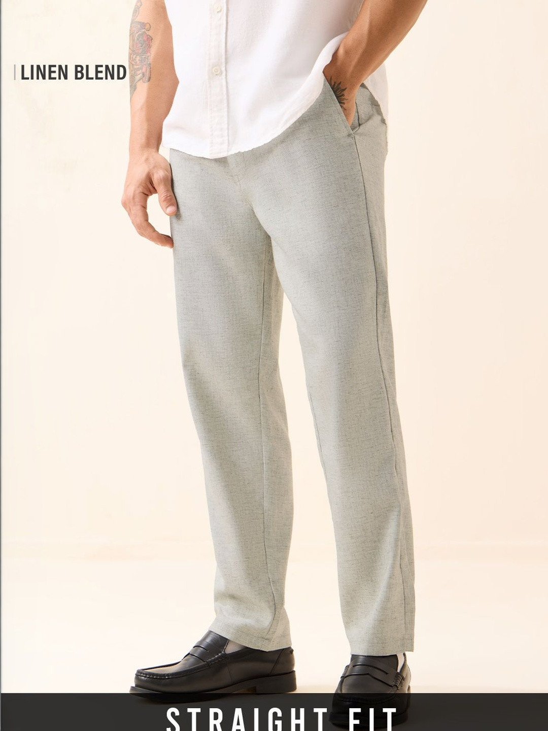 The Souled Store Mens Textured Grey Straight Fit Pants