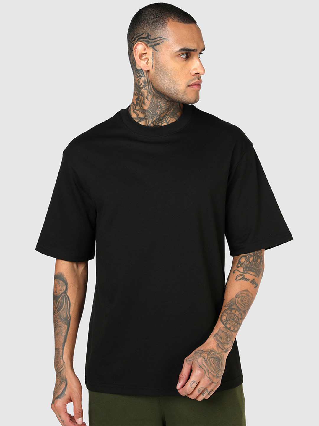 Bewakoof Men's Jet Black Oversized Interlock Cotton T-shirt