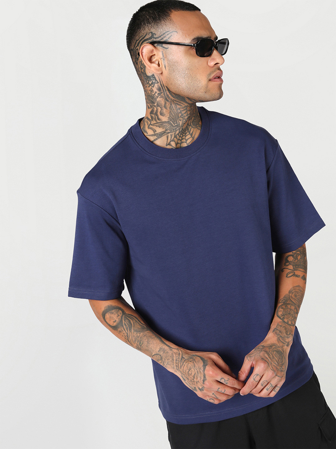 Bewakoof Men's Blue Depths Oversized Interlock Cotton T-shirt