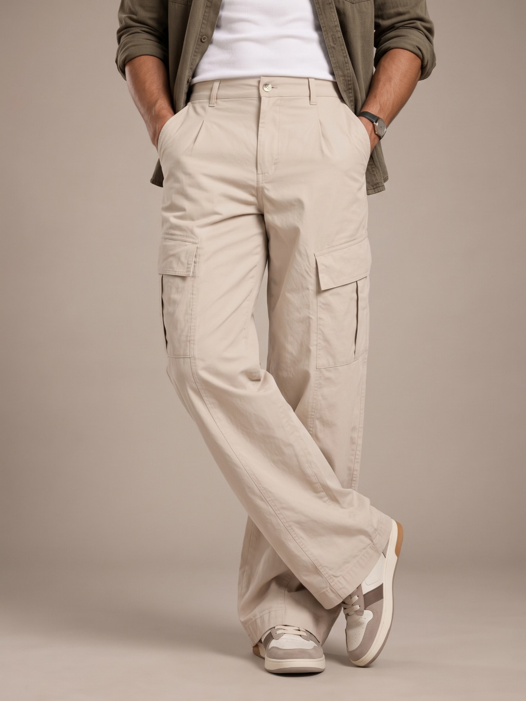 glitchez Men Baggy Pleated Chinos Trousers - Image 1