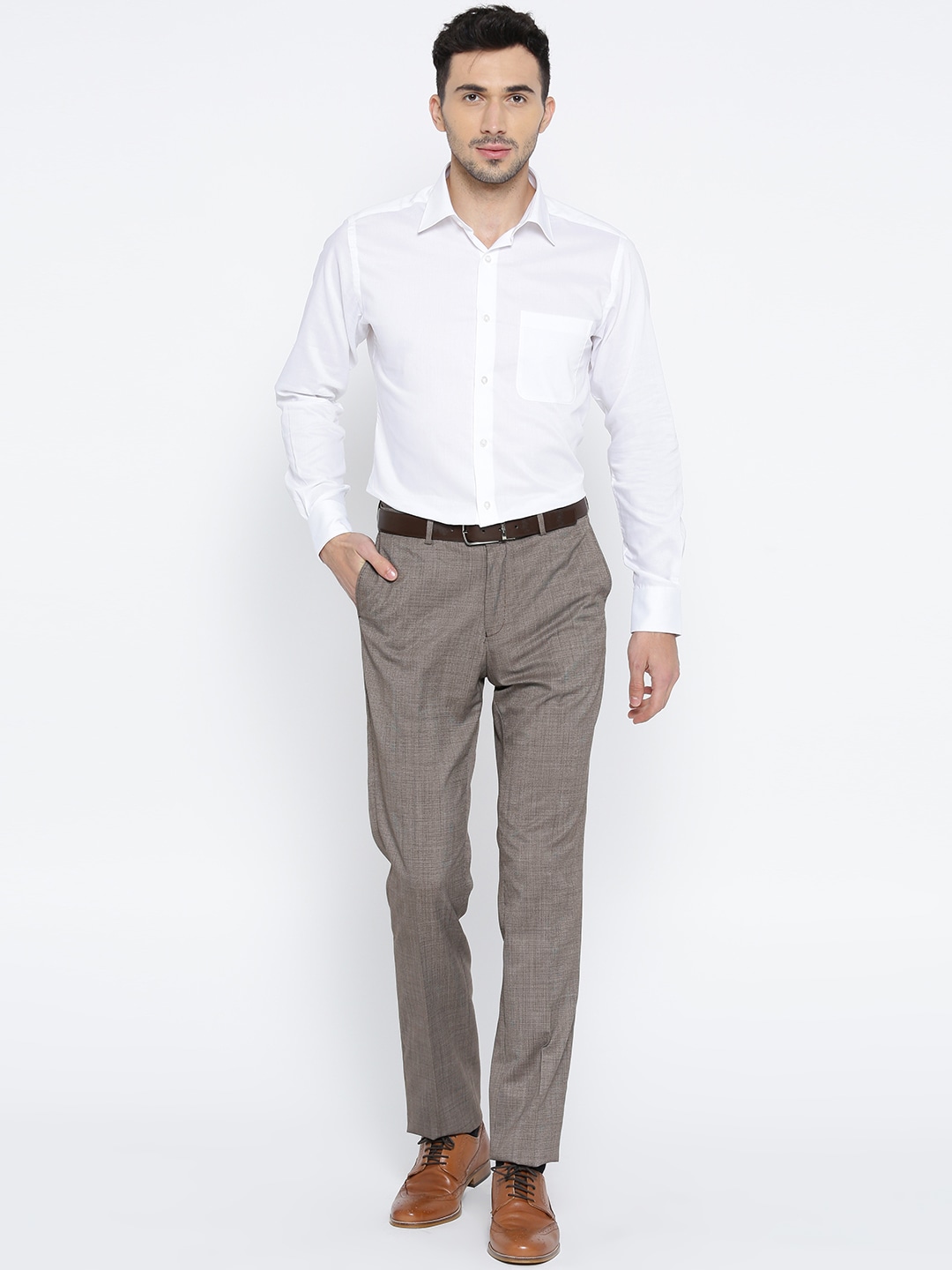 Self-Design Brown Pant White Shirt Combination
