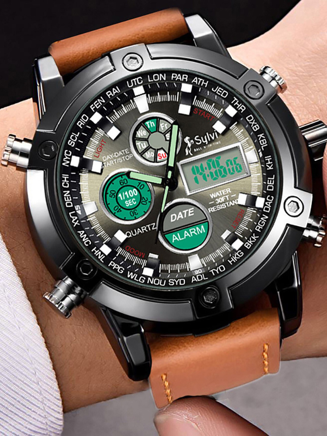 Sylvi Men Black Patterned Dial & Brown Leather Straps Analogue and - Image 6