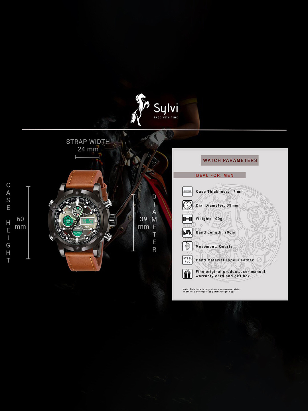 Sylvi Men Black Patterned Dial & Brown Leather Straps Analogue and - Image 3