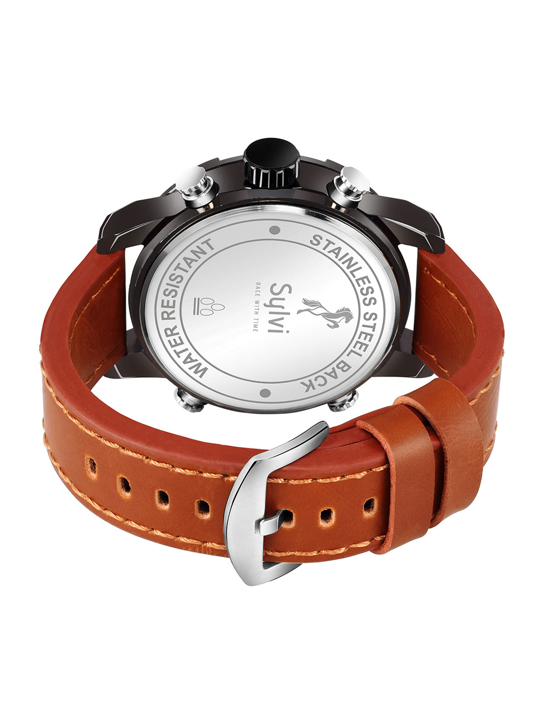 Sylvi Men Black Patterned Dial & Brown Leather Straps Analogue and - Image 2