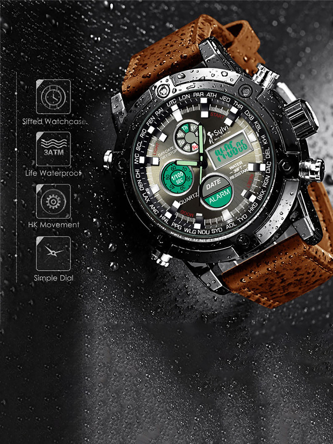 Sylvi Men Black Patterned Dial & Brown Leather Straps Analogue and - Image 5