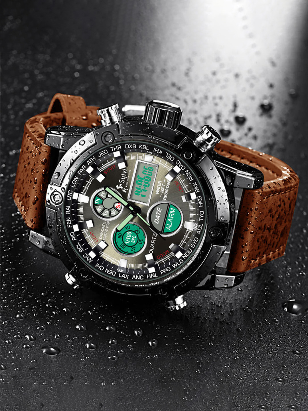 Sylvi Men Black Patterned Dial & Brown Leather Straps Analogue and - Image 1