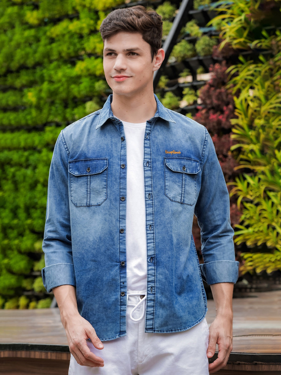 Bushirt Comfort Spread Collar Denim Weave Pure Cotton Casual Shirt