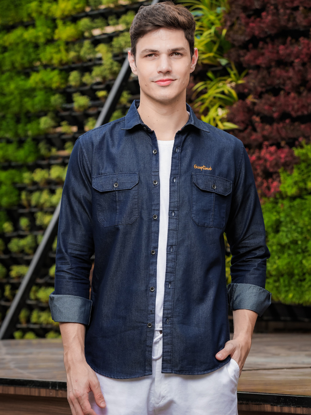 Bushirt Comfort Spread Collar Denim Weave Pure Cotton Casual Shirt