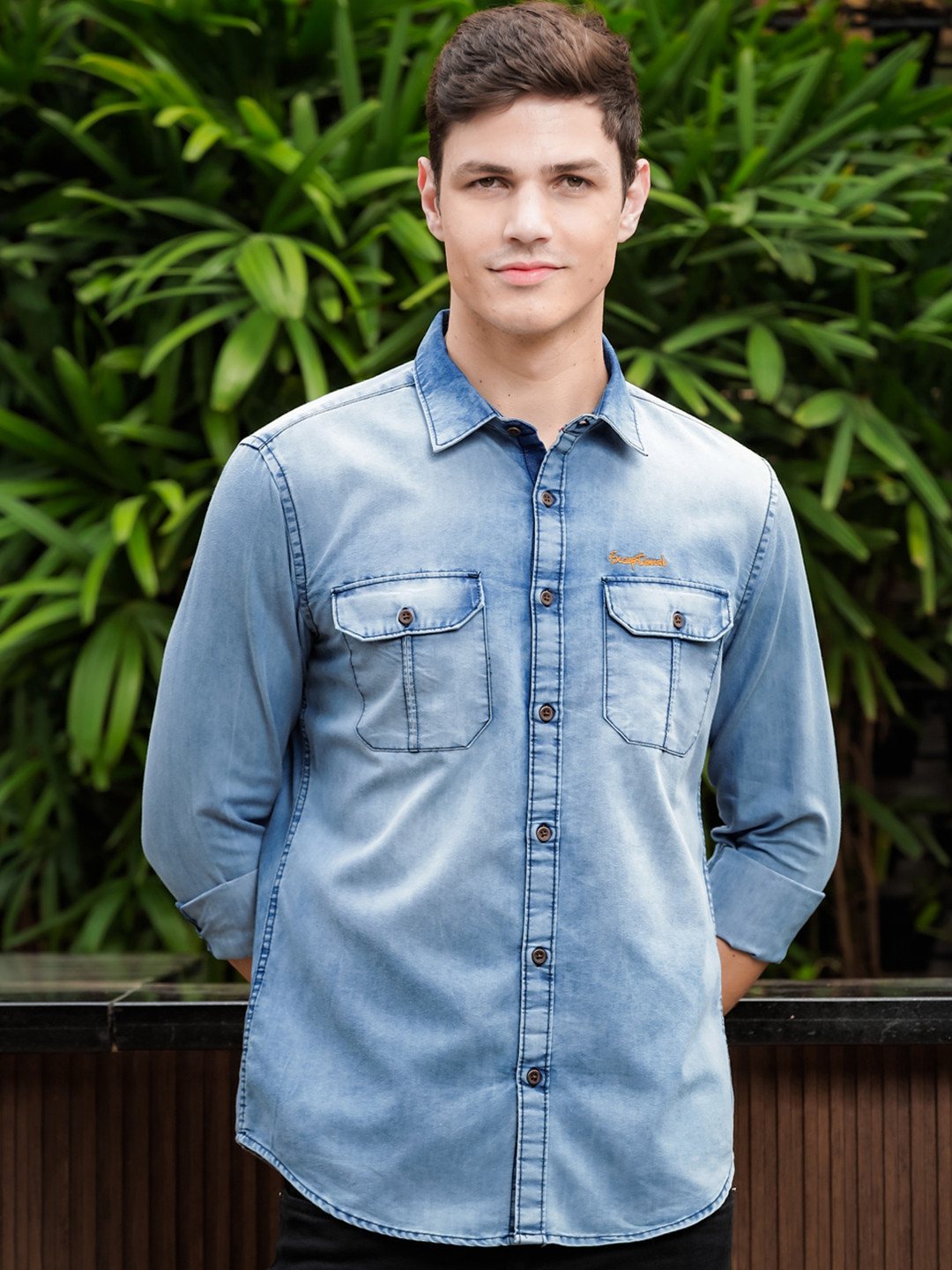 Bushirt Comfort Spread Collar Denim Weave Pure Cotton Casual Shirt