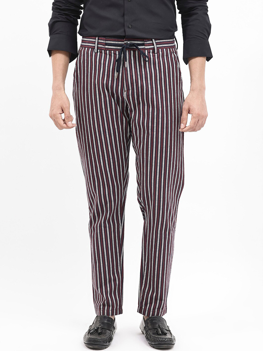 RARE RABBIT Men Maroon Regular Fit Striped Trouser