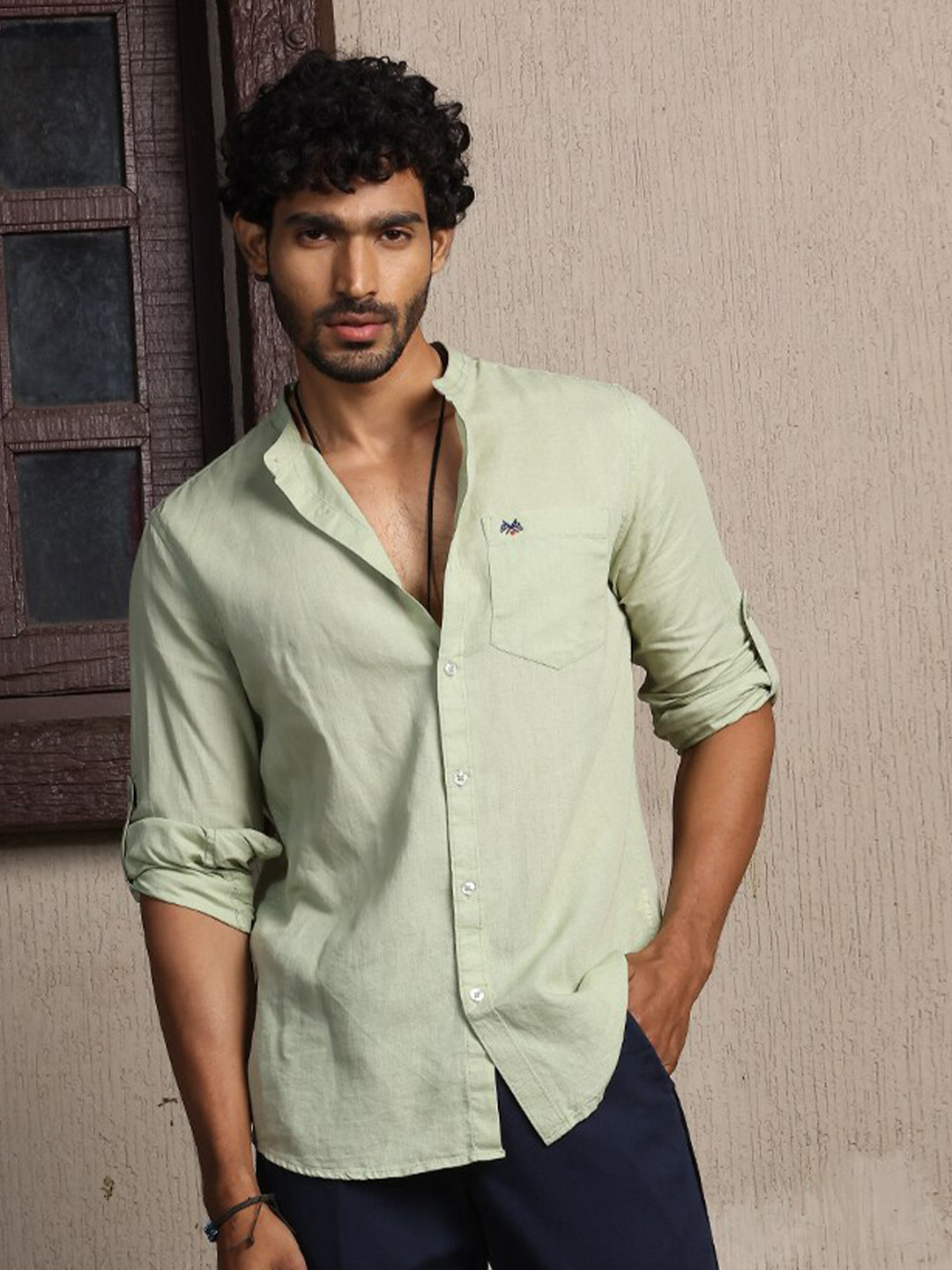 Thomas Scott Premium Cotton Linen Mandarin Collar Slim Fit Opaque Casual Shirt