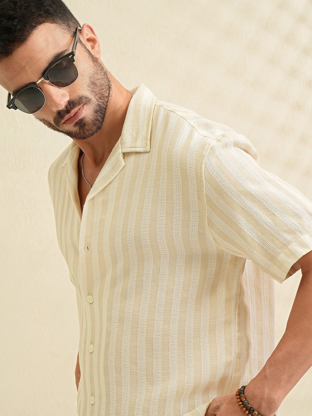 LOCOMOTIVE Men Premium Dobby Textured Cuban Collar Relaxed Shirt