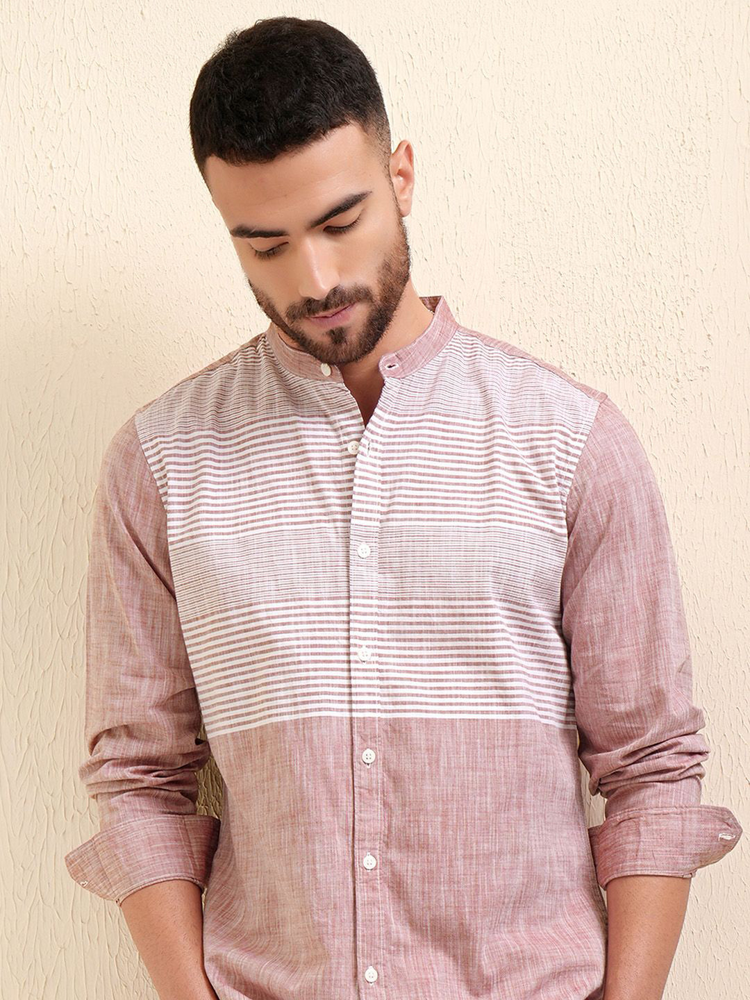 LOCOMOTIVE Premium Engineered Striped Mandarin Collar Sport Cotton Causal Shirt