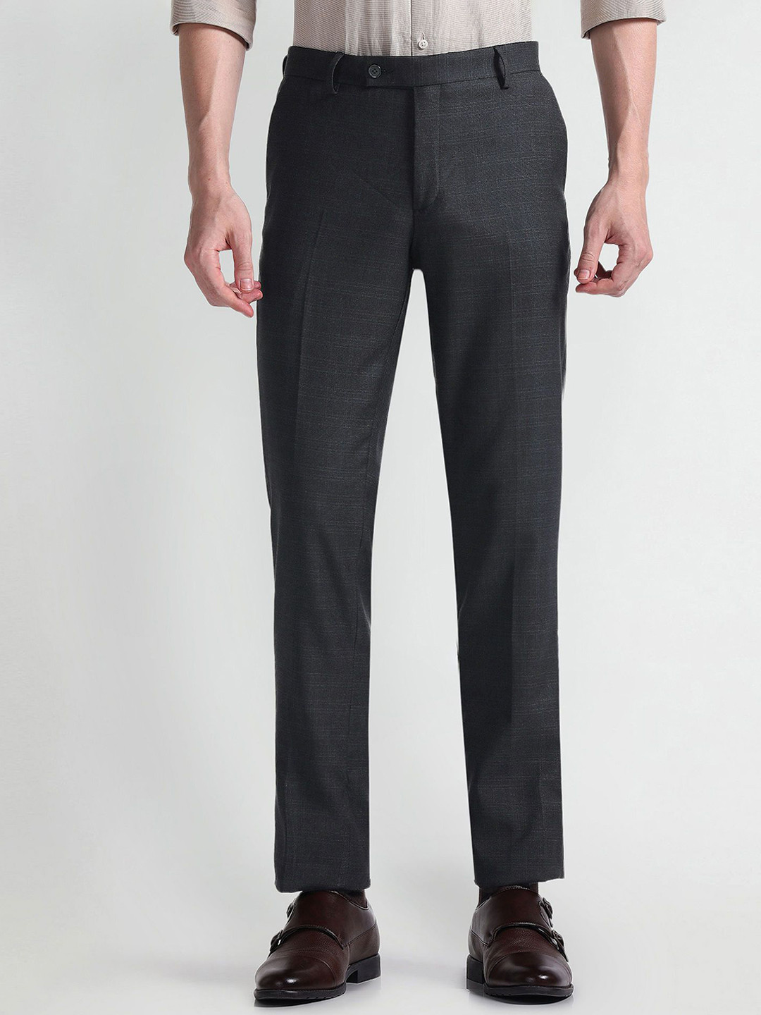 Arrow Men Tailored Fit Mid Rise Checked Trousers