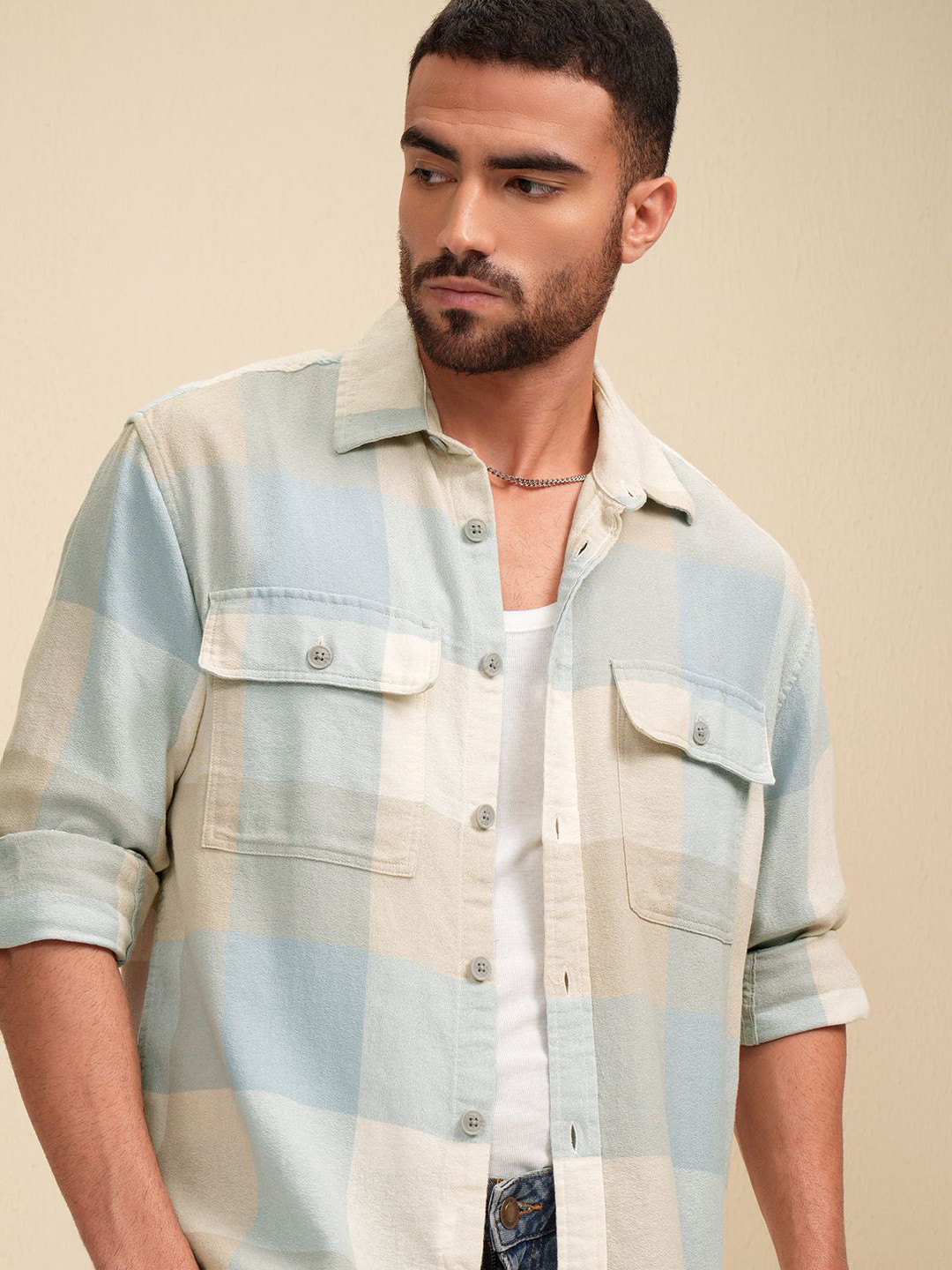 Locomotive Premium Men Dobby Textured Checked Utility Pocket Oversized Overshirt