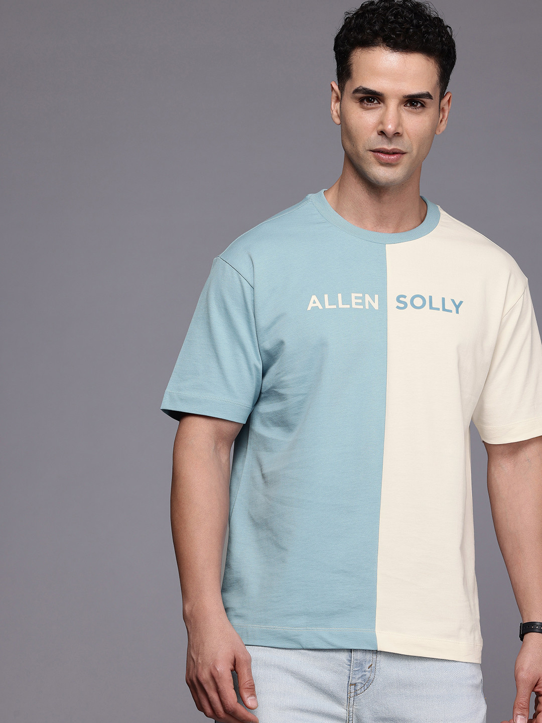 Allen Solly Brand Logo Colourblocked Drop-Shoulder Sleeves Relaxed Fit Pure Cotton T-shirt