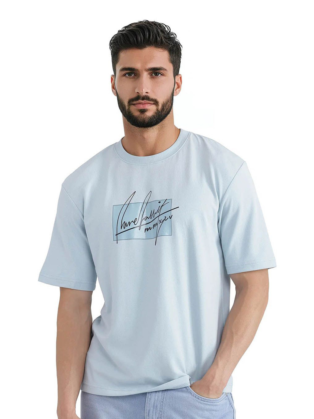 RARE RABBIT Men Typography Printed Round Neck Relaxed Fit T-shirt