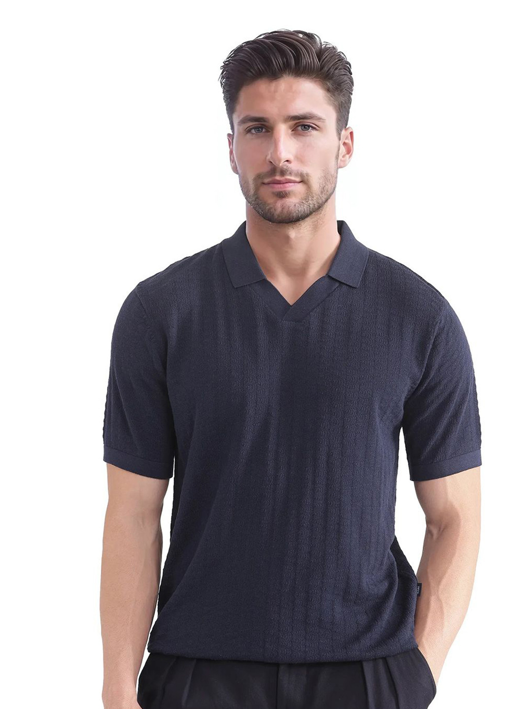 RARE RABBIT Men Plain Spread Collar Half Sleeve Cotton Regular Fit Polo T-Shirt