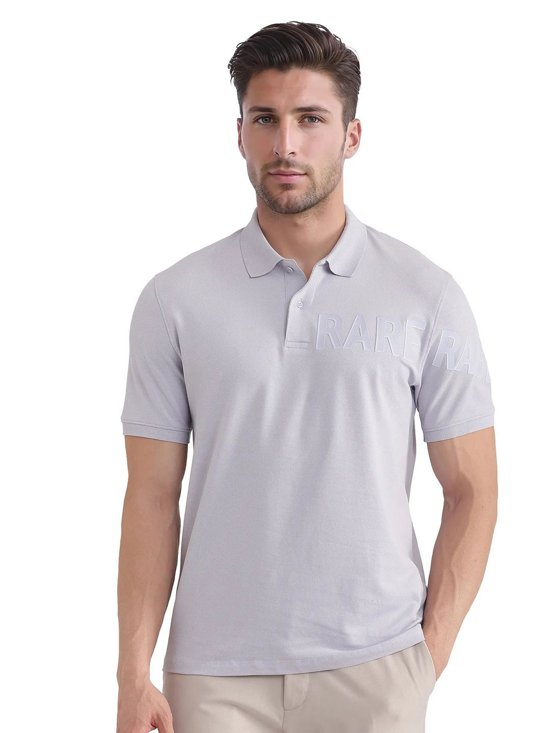 RARE RABBIT Men Plain Spread Collar Half Sleeve Cotton Regular Fit Polo T-Shirt