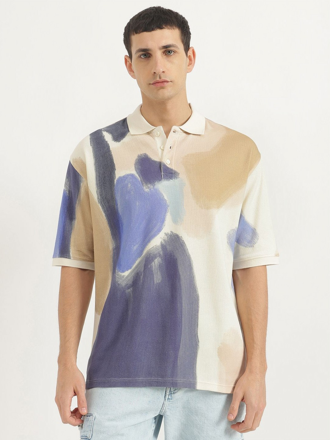 United Colors of Benetton Men Abstract Printed Polo Collar Pure Cotton Oversized T-shirt